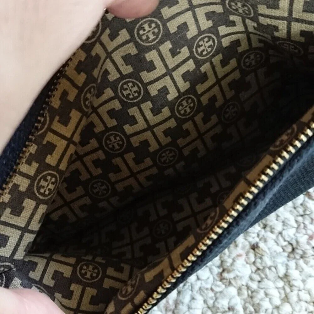 Tory Burch dark blue Canvas with leather Trim Clutch